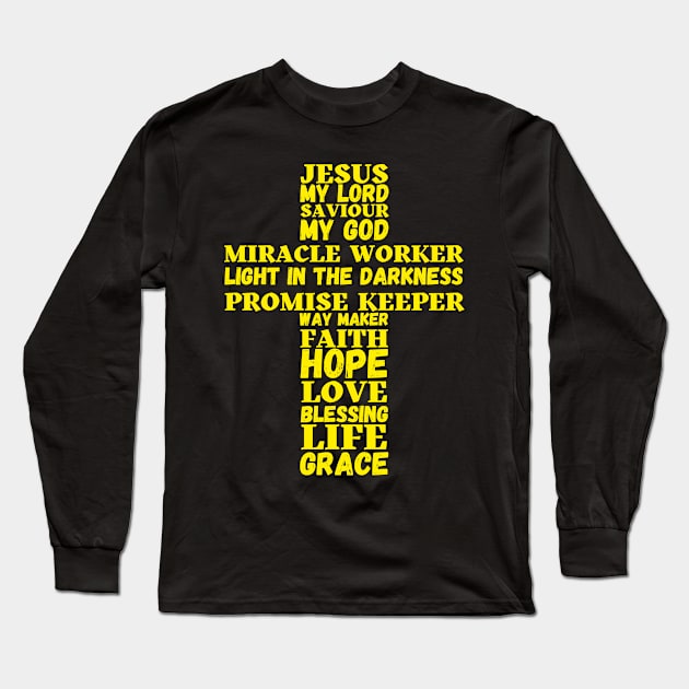 Golden words about Jesus in shape of a cross Long Sleeve T-Shirt by Blue Butterfly Designs 